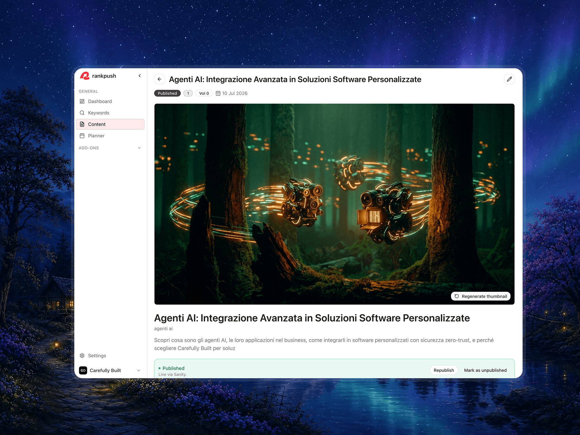 Pagina di un articolo generato dall'AI di RankPush, pubblicato live tramite il CMS collegato