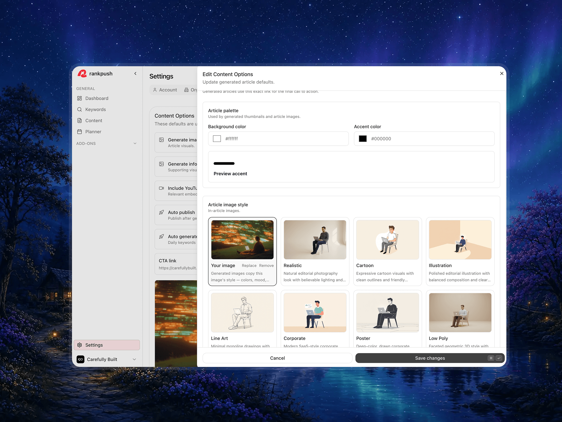 Impostazioni dei contenuti di RankPush — palette degli articoli e preset di stile per le immagini AI